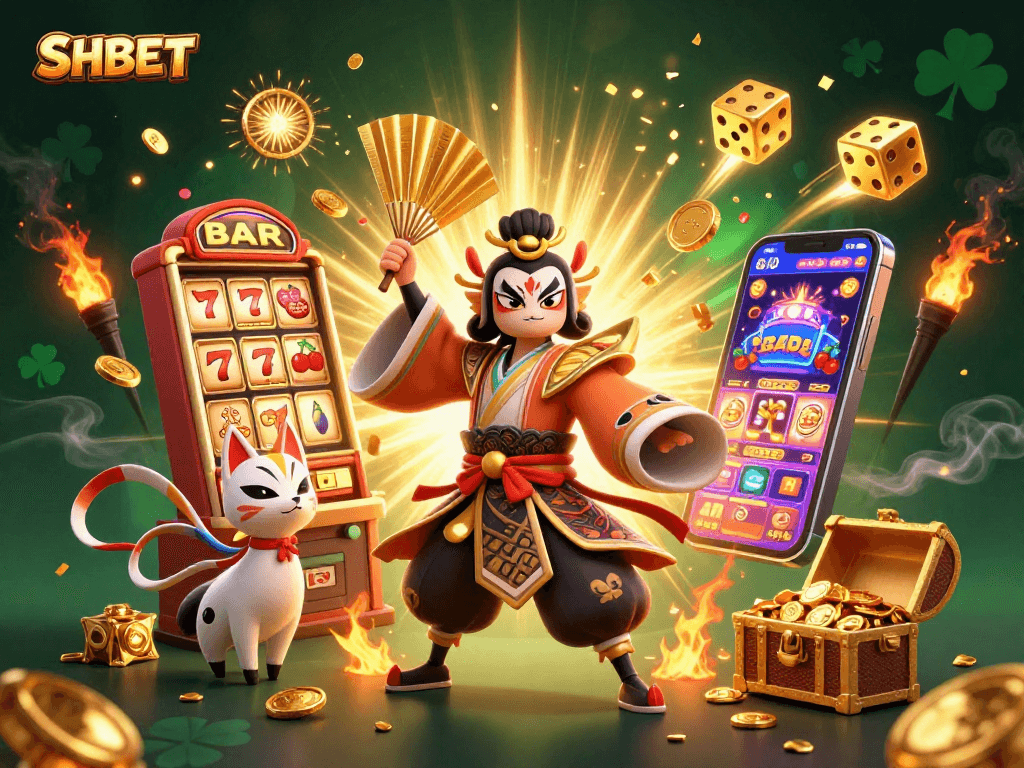 Spin the slots with SHBET in a dynamic casino scene featuring vivid characters and winnings.