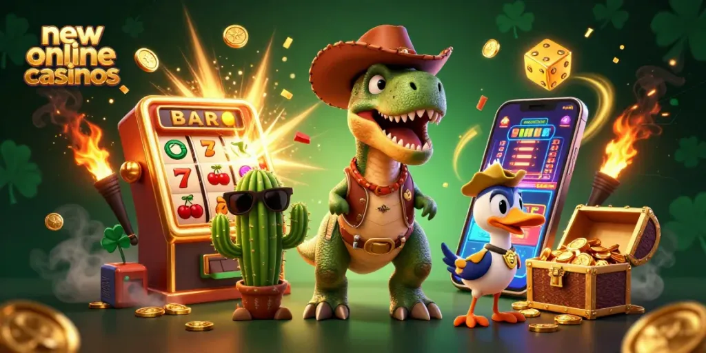 Experience new online casinos with a dynamic scene featuring a T-Rex, cactus sidekick, and roadrunner in action.