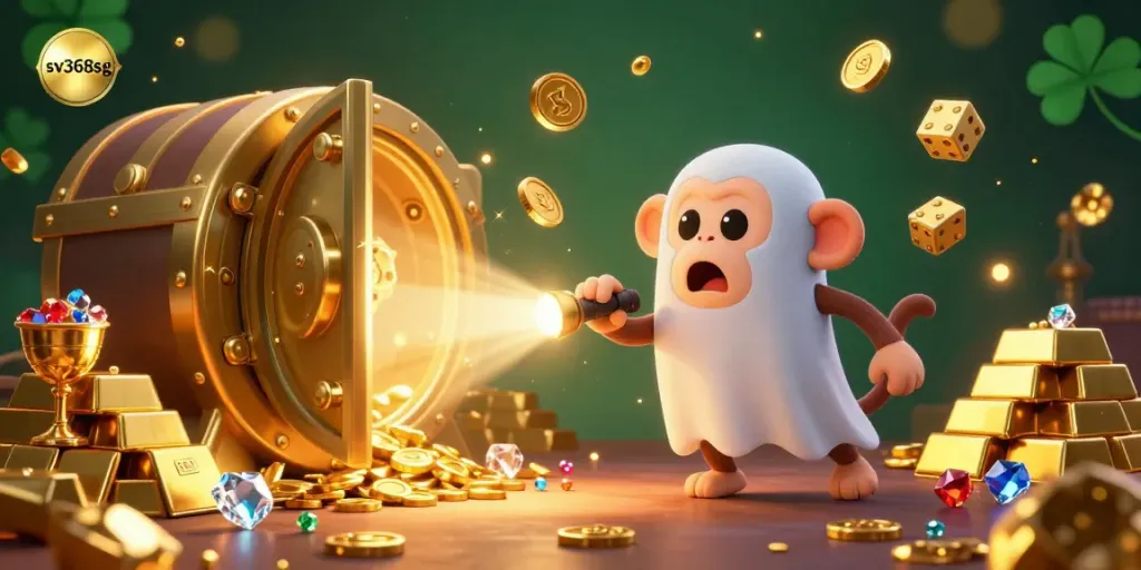 Experience the thrill of sv368sg with a playful poltergeist monkey and a ghost-hunter puppy in a vibrant casino.