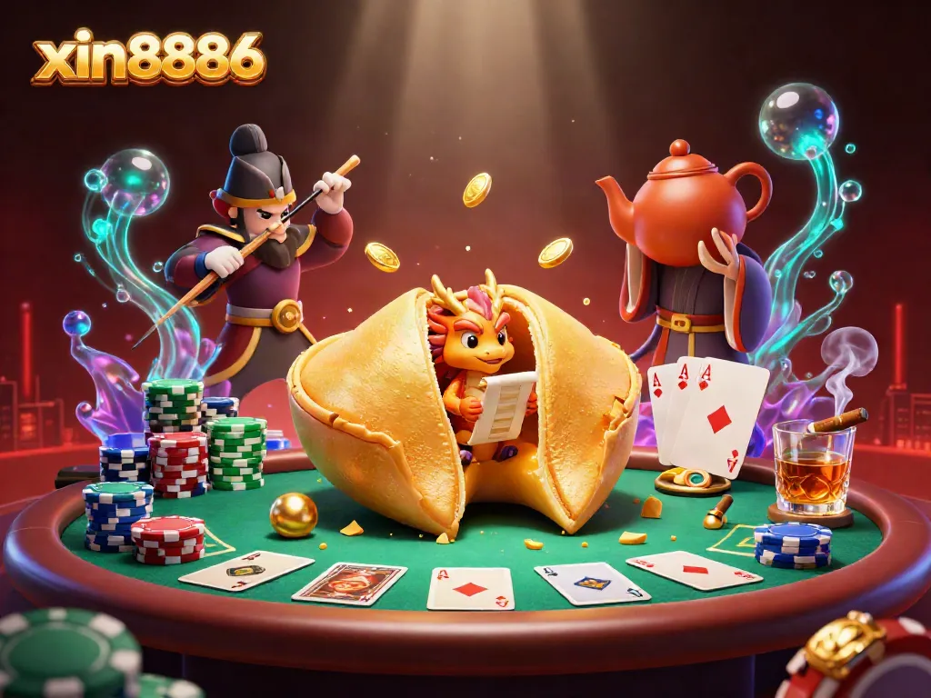 Engage with xin8886 through a vibrant 3D cartoon scene featuring a golden fortune cookie and gaming elements.