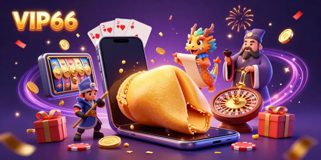 Experience excitement at VIP66 with a golden fortune cookie and playful dragon, showcasing animated casino games and fortunes.