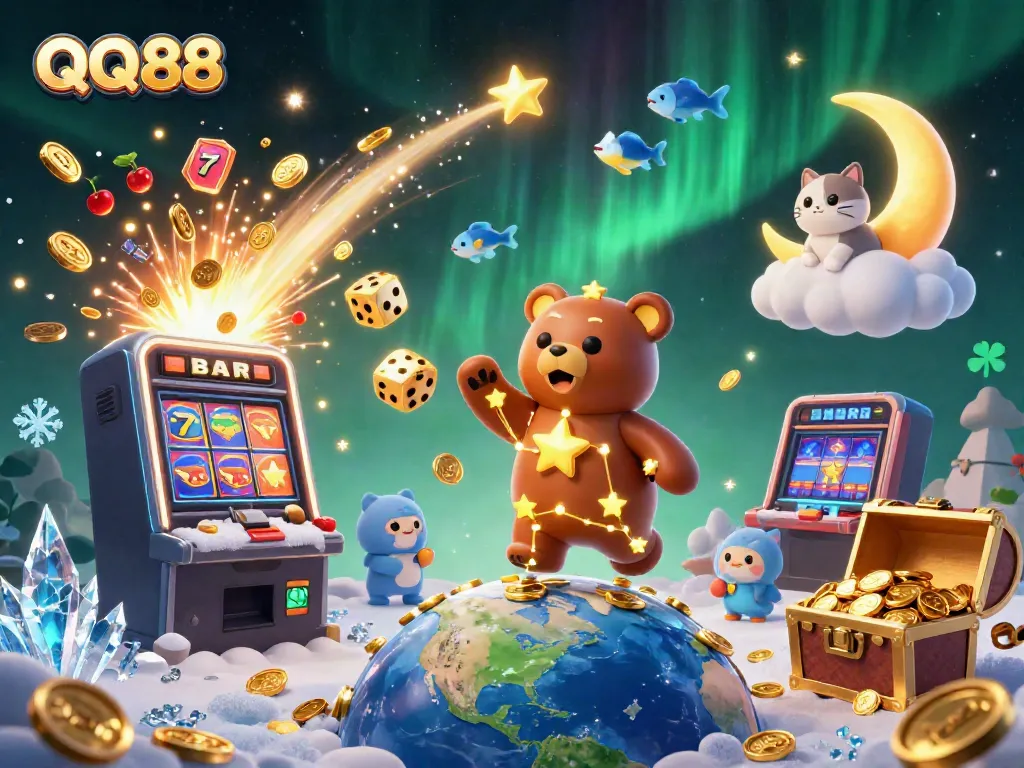 Experience the thrill of QQ88 with a vibrant 3D art scene featuring a constellation bear and casino symbols.