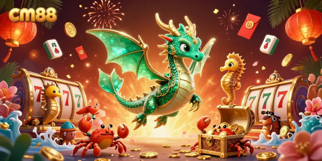 Experience thrilling fortunes at cm88 with vibrant treasure-filled illustrations of dragon and seahorse guardians.