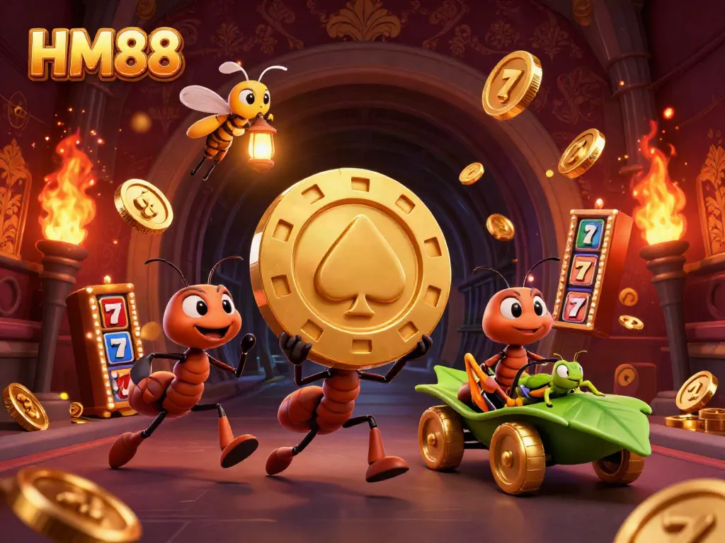 HM88 ants thrillingly heisting a giant poker chip illustrated in a dynamic casino scene.