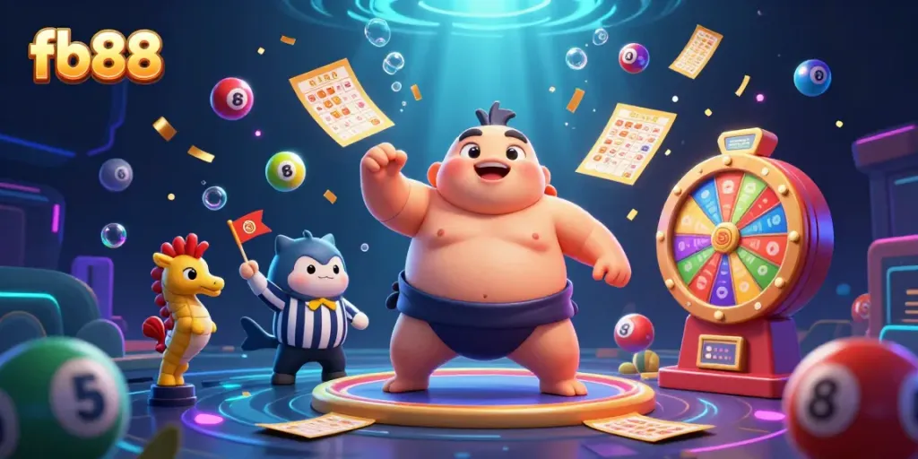 Engage with a lively fb88 casino scene showcasing a cartoon fugu in a sumo belt amidst gambling excitement.