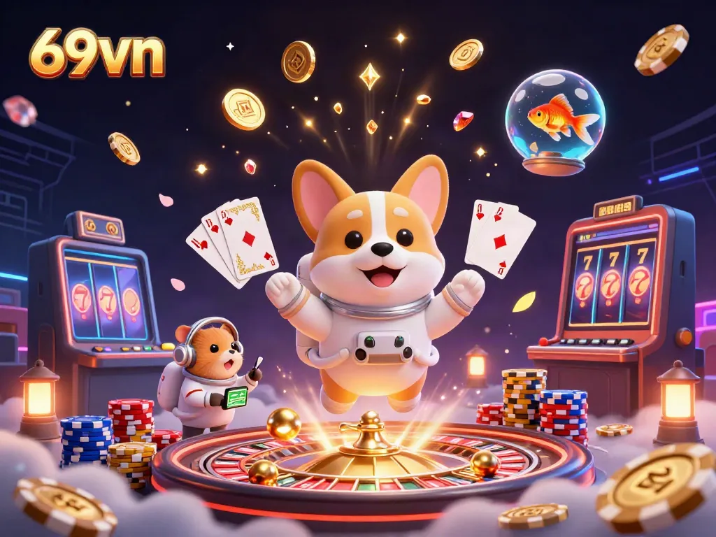 Experience the thrilling float of 69vn's unique casino space with chip stacks and daring plays.