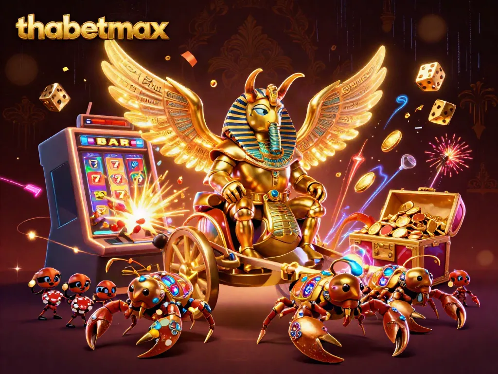 Experience thrilling wins with thabetmax, featuring a golden scarab and lively slot machine action.