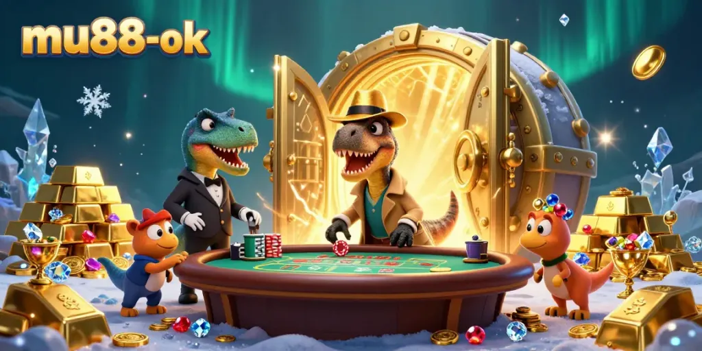 Engage with the mu88-ok online casino featuring a dinosaur-themed blackjack scene with characters amidst treasures.
