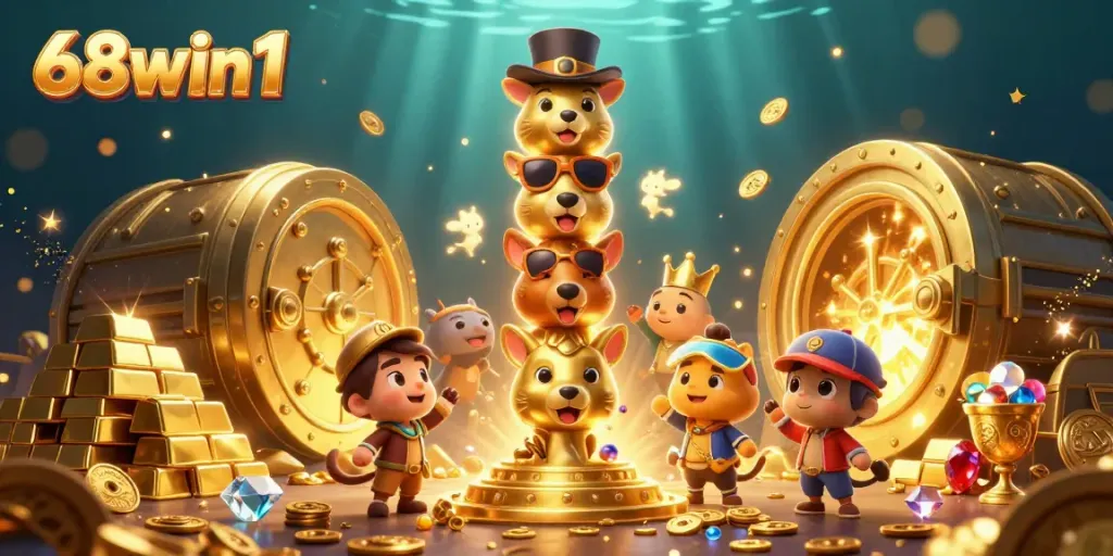 Experience the excitement at 68win1 with a golden totem and treasures illuminating the casino atmosphere.