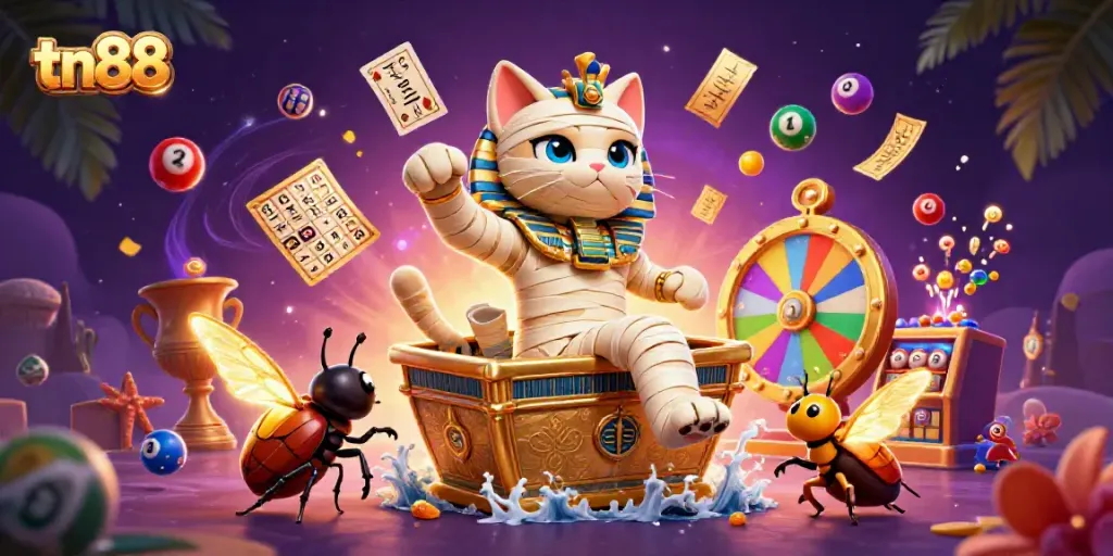 Experience the excitement of tn88 as a 3D mummy cat unveils treasures in a vibrant casino setting.