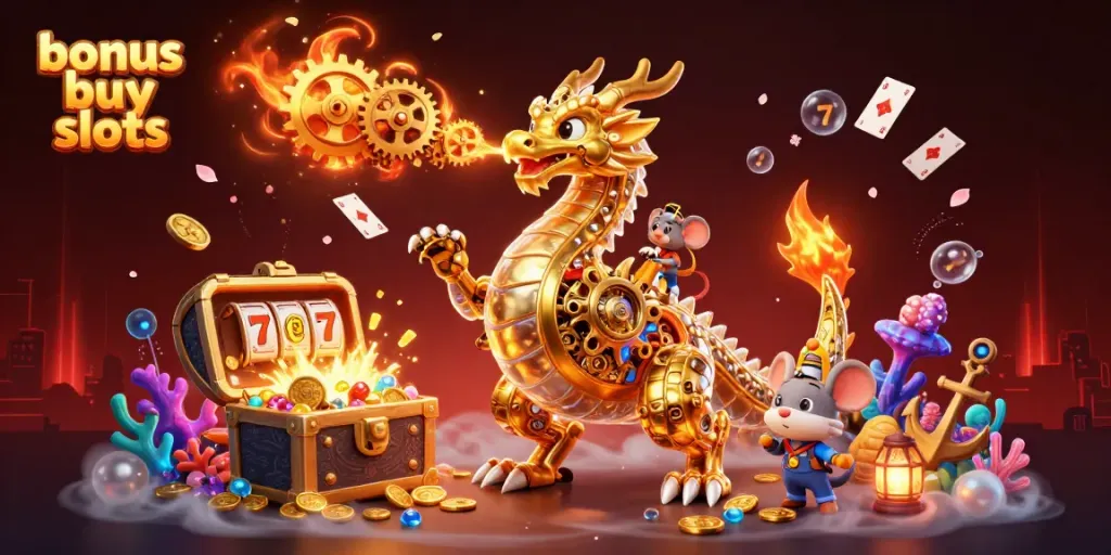 Experience thrilling action with bonus buy slots in this vibrant 3D illustration.