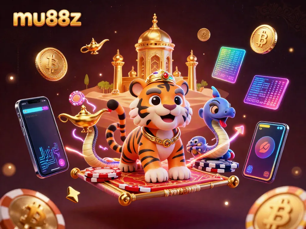 Bet big on mu88z with a vibrant scene of an Arabian-themed casino adventure featuring a tiger sultan.