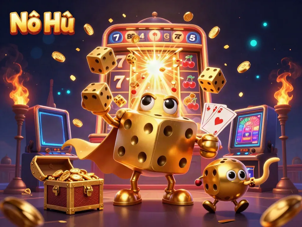 Experience the thrill of Nổ Hũ with dynamic golden dice and vibrant casino elements showcasing jackpots and excitement.