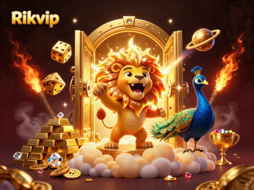 Experience the thrill of Rikvip with vibrant casino elements and a roaring golden lion in a dynamic illustration.