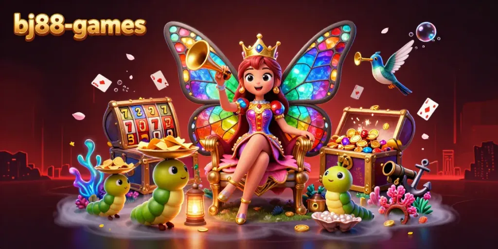 Engage with bj88-games through a vibrant 3D casino scene full of slot machines and treasures.
