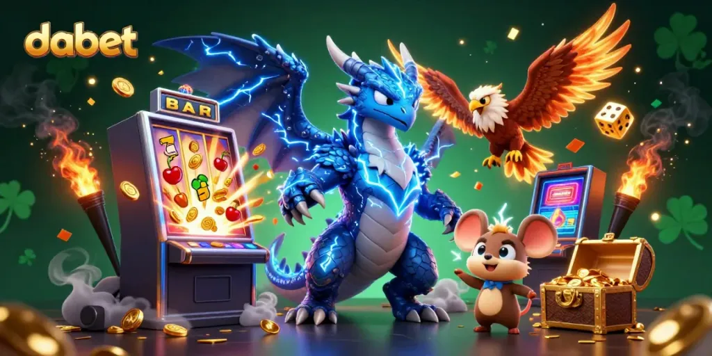 Experience thrilling gaming with DABET, featuring vibrant slot machine action and dynamic characters.