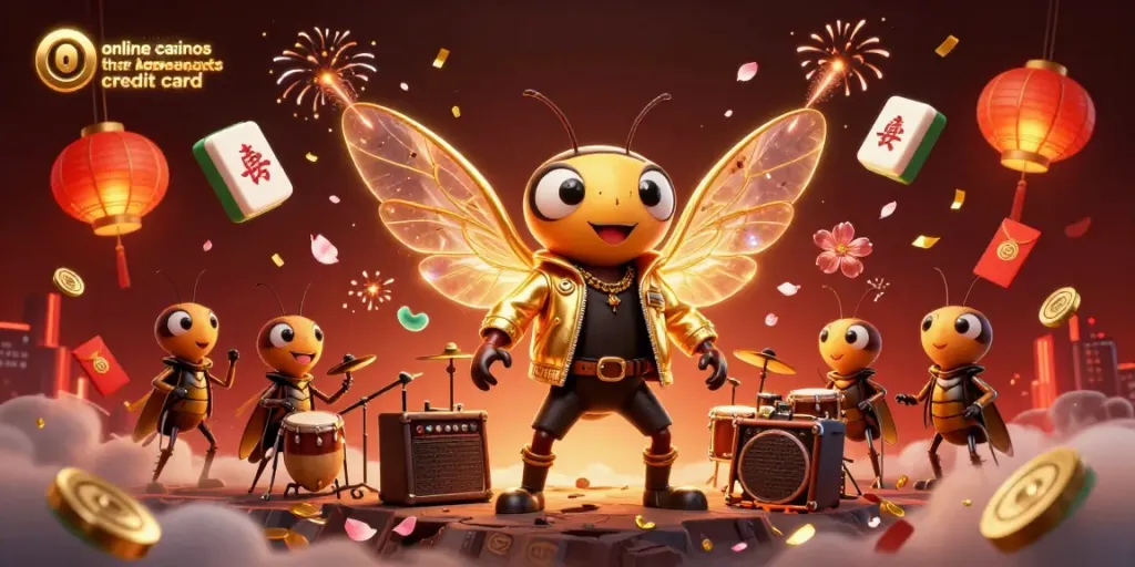 Dynamic 3D illustration showcasing online casinos that accept credit card, featuring a rock star cicada with game elements.