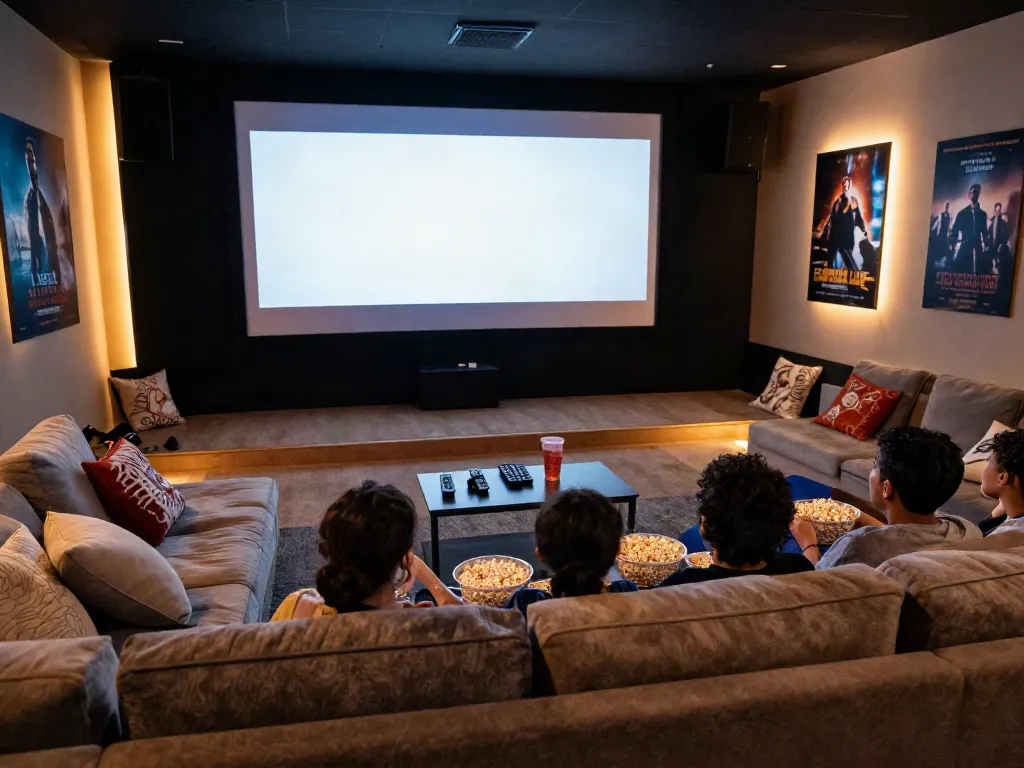 Enjoy free HD movies with the MovieBox app in a cozy home theater setting, perfect for families.