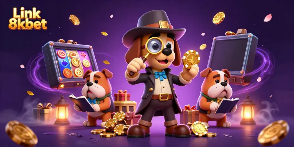 Engage in thrilling gaming action with Link 8kbet, showcasing vibrant casino elements and key characters.