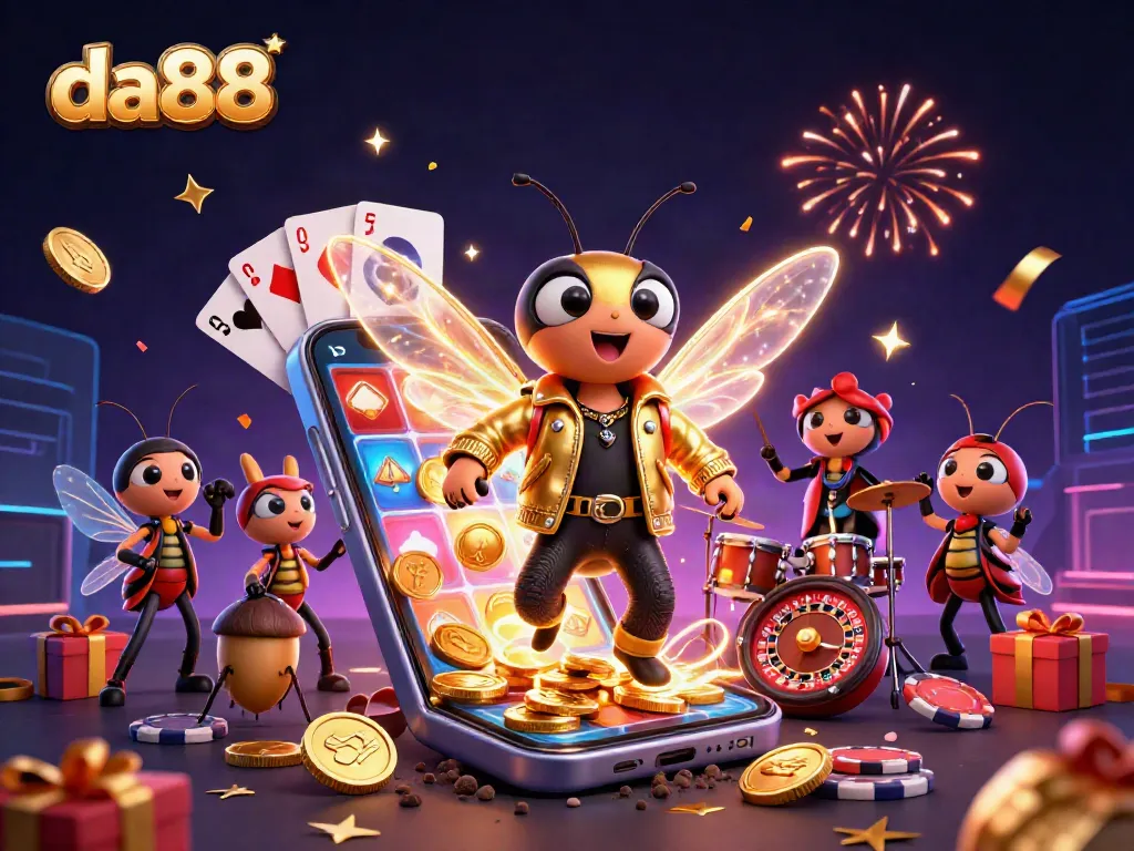 Spin to win with da88 featuring a lively rock band of insects amid casino excitement!