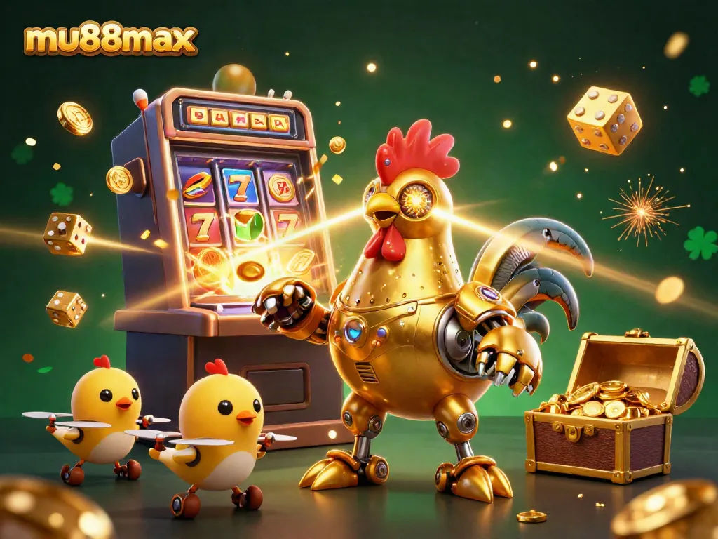 Experience thrilling gameplay at mu88max with vibrant casino illustrations featuring a golden rooster robot and exciting jackpots.
