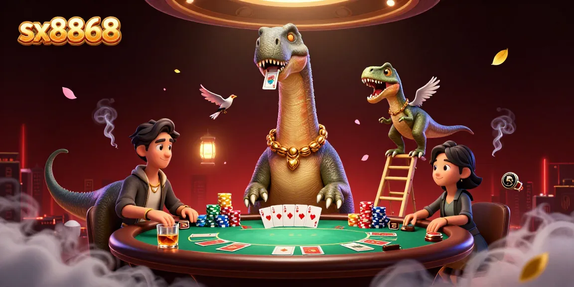 SX8868 enchants players with thrilling card games amidst giant dinosaurs in a vibrant casino.