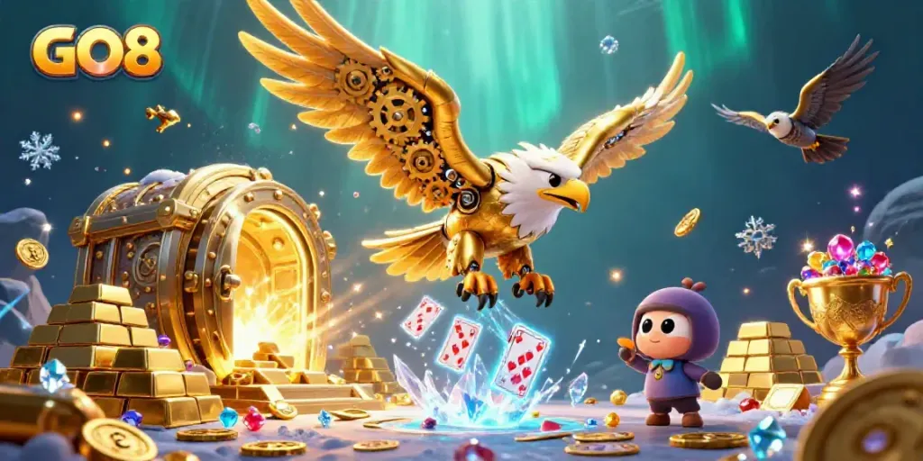 Experience the GO8 thrill with a golden eagle amidst holographic cards and jewels in a vibrant casino scene.