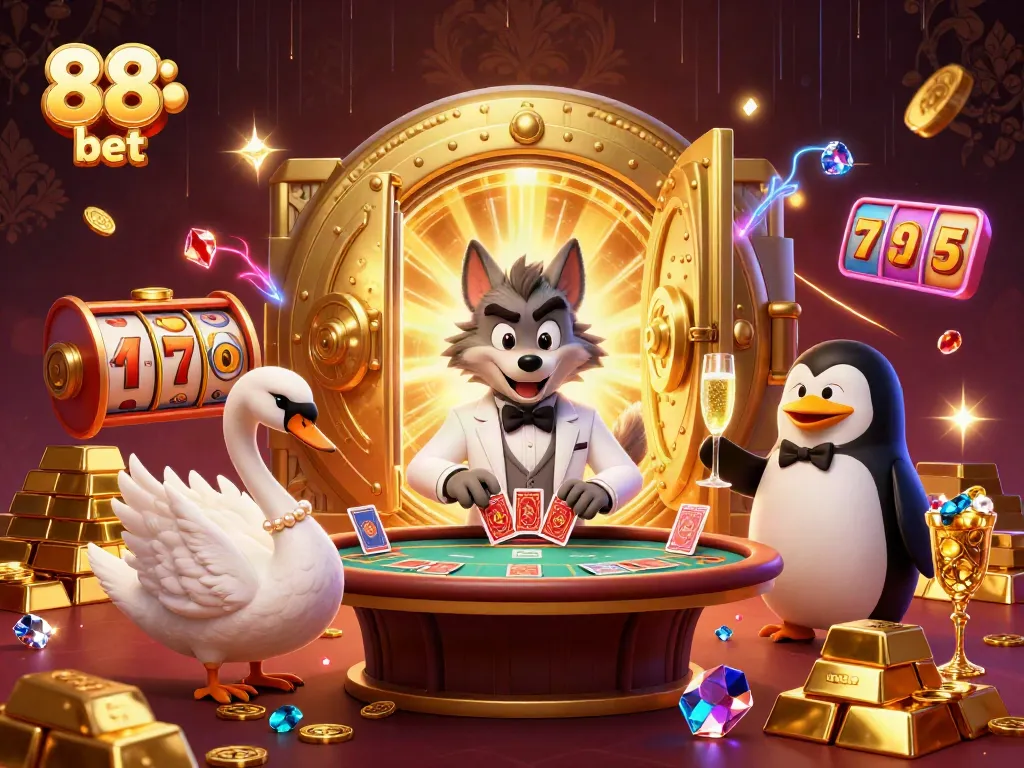 Engage in thrilling games at 88 bet with a vibrant casino illustration featuring a debonair wolf, a swan dealer, and a penguin sommelier.