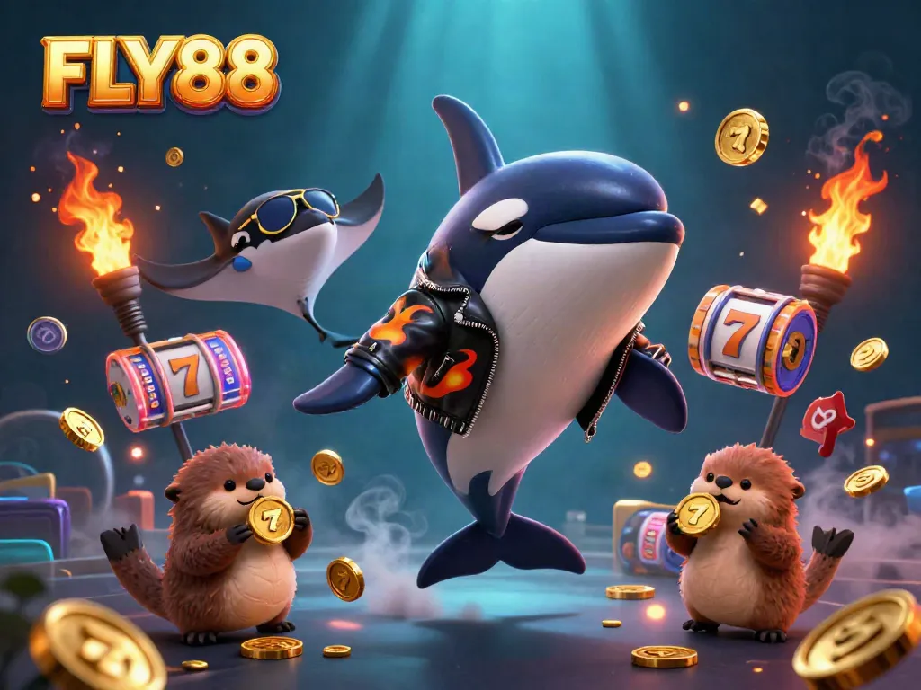 FLY88 brings excitement with an orca, stingray, and otters in a casino-themed underwater scene.