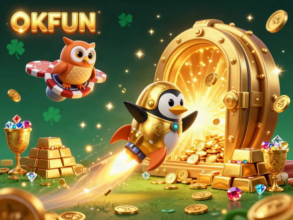 Engage in thrilling gaming experiences at OKFUN, featuring a golden penguin and dynamic casino elements.