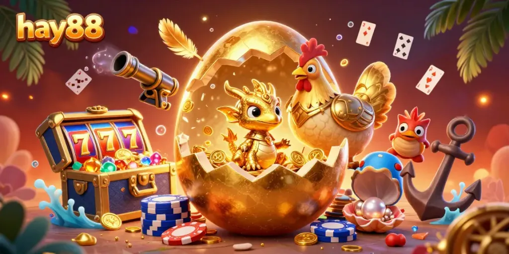Join the excitement at hay88 with a golden dragon guarding riches in a vibrant gaming scene.