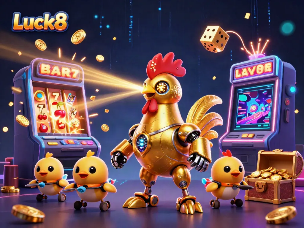 Luck8 brings vibrant energy to the casino world with a retro-futuristic golden rooster robot and baby chick drones.