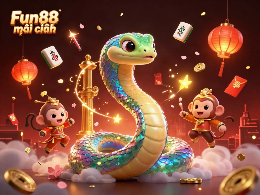Experience Fun88 mới nhất with a vibrant 3D illustration capturing a rainbow serpent and monkey king amidst dynamic casino elements.