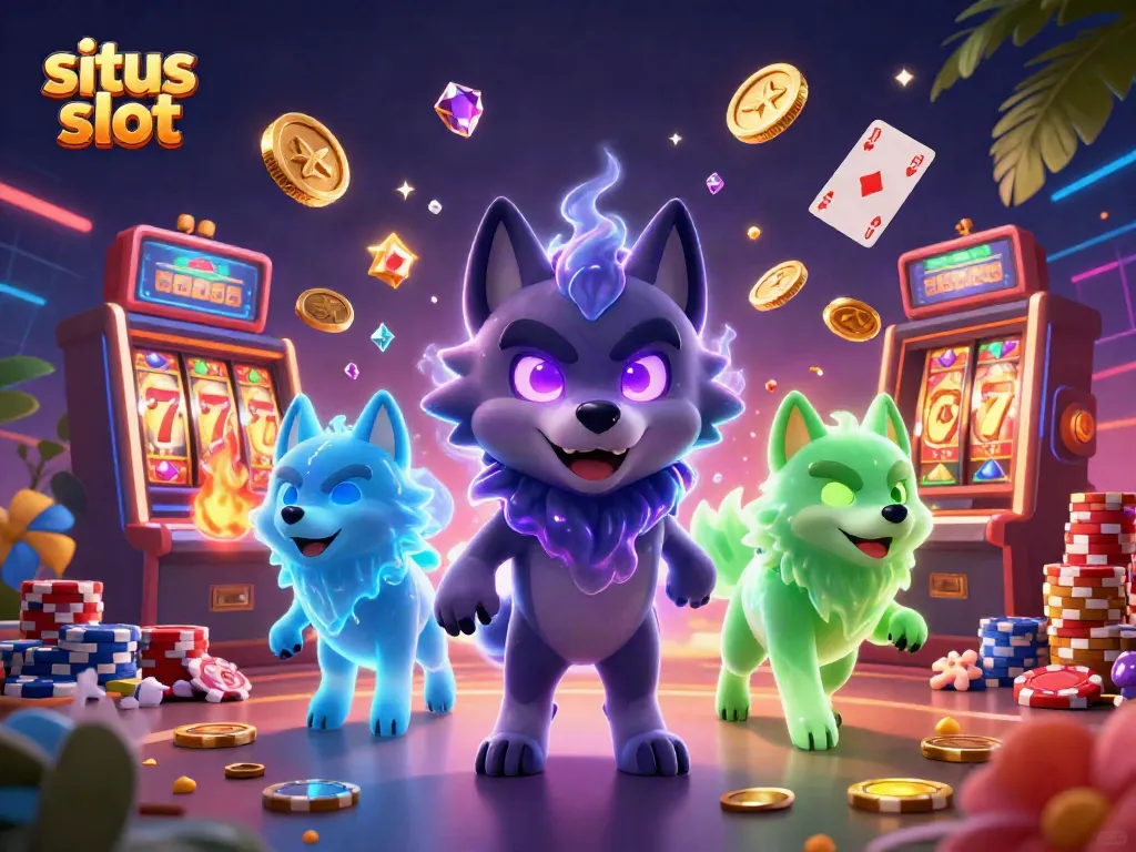 Engage with situs slot gaming featuring a shadow wolf and vibrant casino elements.