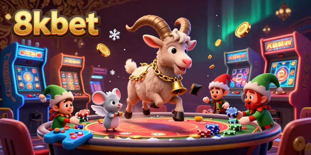 Engage with the festive 8xbet casino world featuring Krampus and cheerful characters in vibrant action.