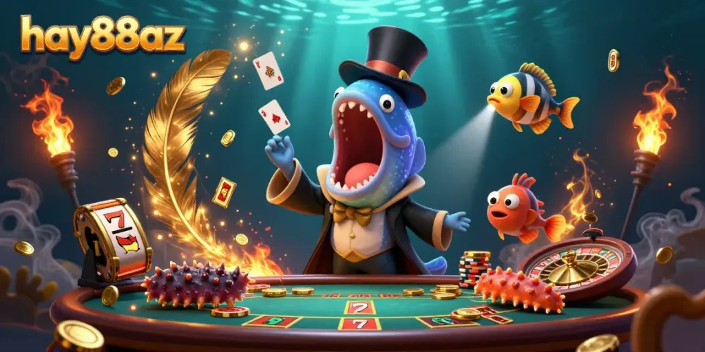 Engaging scene of casino-themed underwater magic featuring "hay88az" elements, showcasing card tricks and vibrant gambling details.