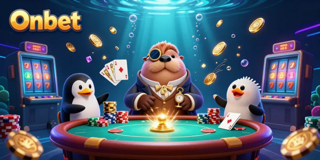 Engage with Onbet in an underwater poker game featuring a walrus, penguin dealer, and pufferfish in a vibrant casino setting.