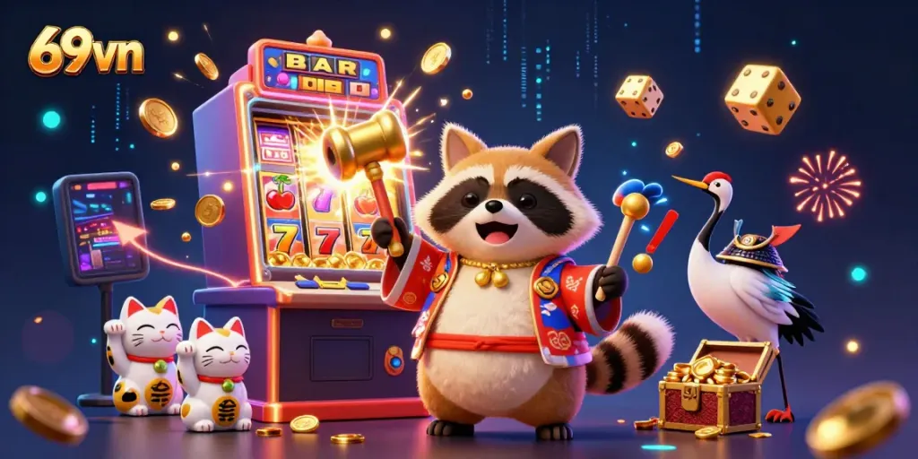 Experience excitement at 69vn with cheerful tanuki and lucky symbols in a colorful casino scene.