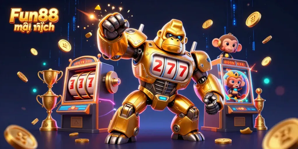 Experience excitement at Fun88 mới nhất with a dynamic golden gorilla mech in action, showcasing vibrant casino elements.