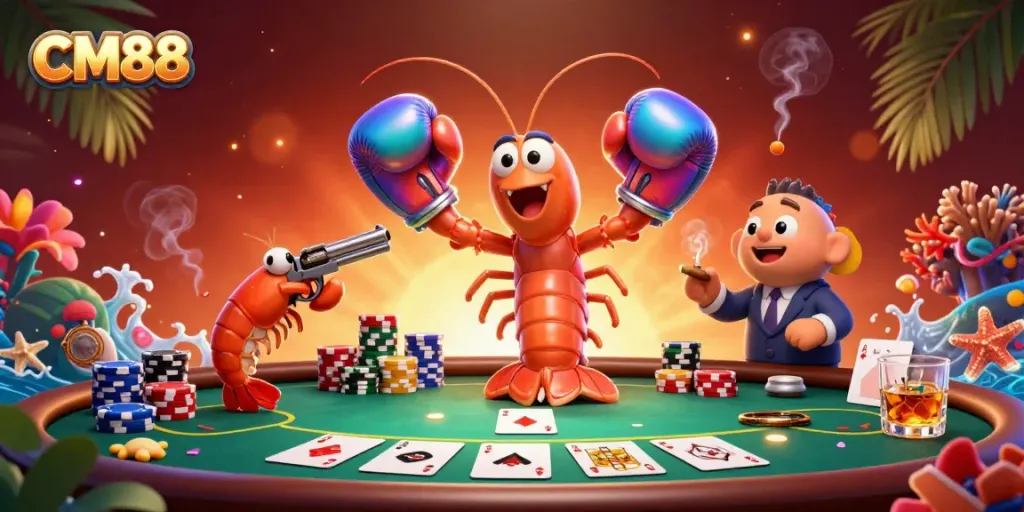 CM88 showcases vibrant 3D illustration of unique shrimp characters in a dynamic poker scene.