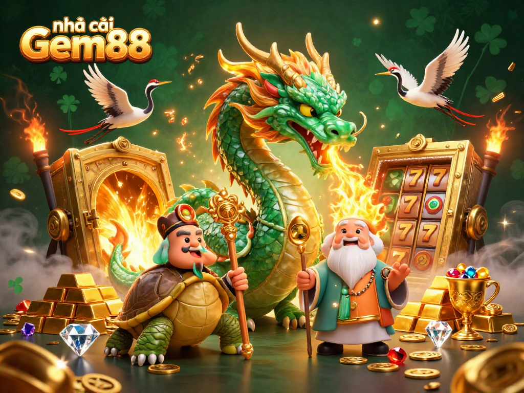 Experience the thrill of nhà cái Gem88 with a jade dragon, golden treasures, and lively slot elements.