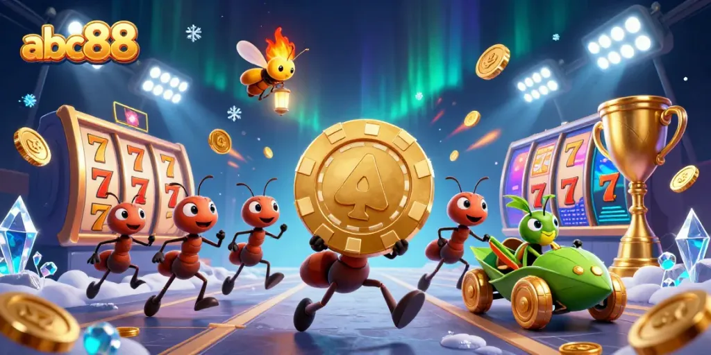 Watch the abc88 ants pull off a casino heist with a giant golden poker chip in this vibrant 3D scene.