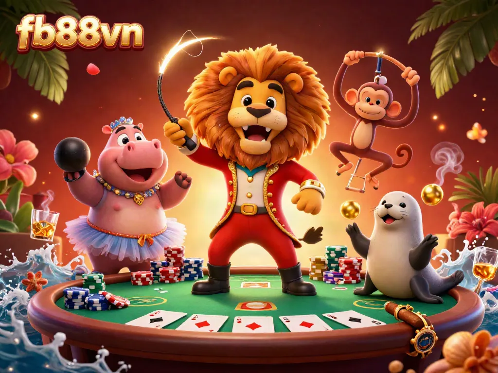 Experience thrilling casino action with fb88vn’s vibrant 3D circus characters amidst poker excitement.