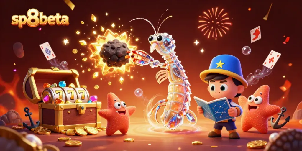 Experience the vibrant action of sp8beta with a galactic shrimp samurai amidst exploding treasures in a casino-themed scene.