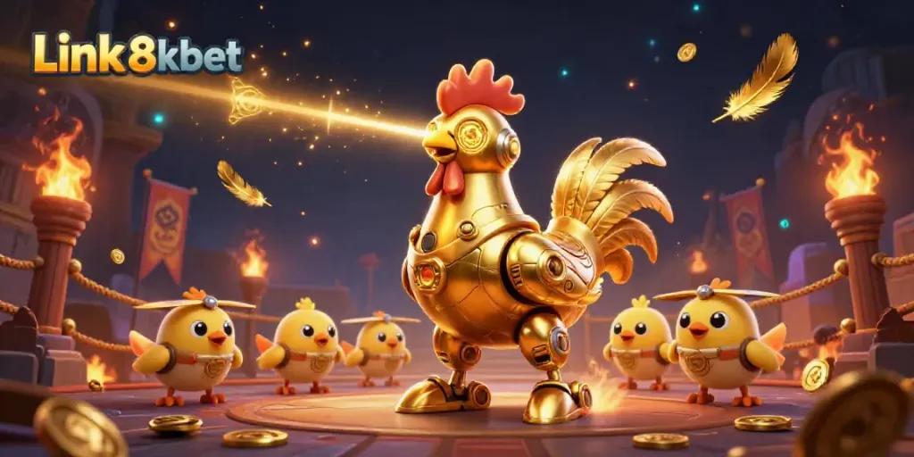 Engage with the exciting Link 8kbet experience, featuring a golden rooster robot and dynamic elements.
