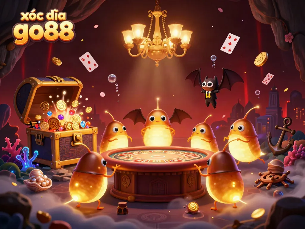 Engage in the vibrant world of xóc đĩa go88 surrounded by glowing glowworms and a bat dealer.