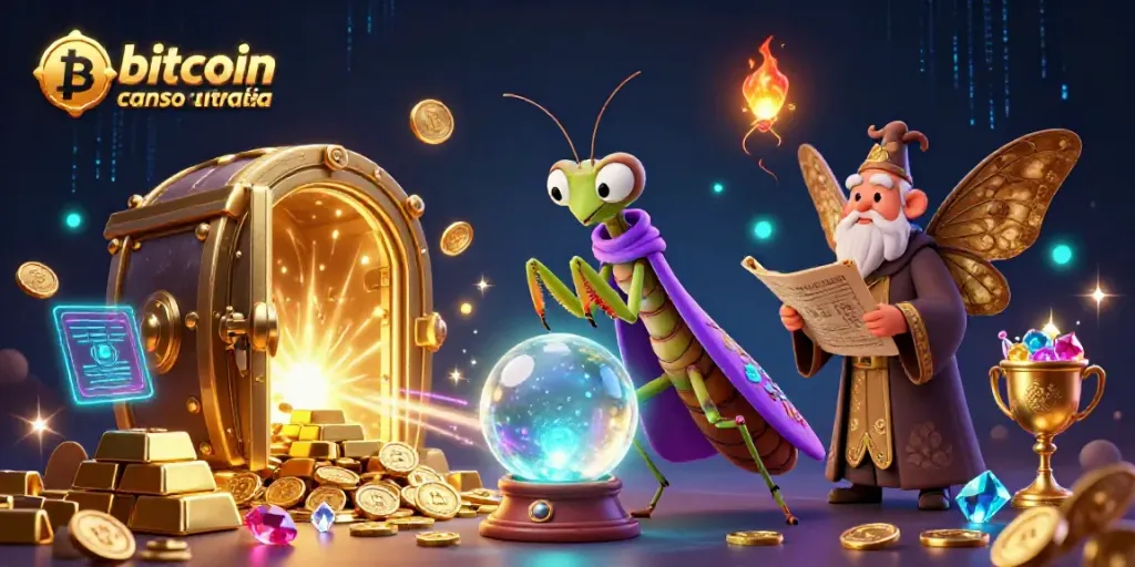 Experience the excitement of bitcoin casinos australia with vibrant gaming characters surrounded by gold and Bitcoin elements.
