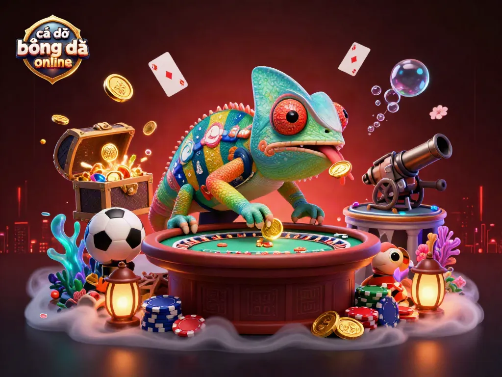 Experience cá độ bóng đá online with the vibrant chameleon casino owner amidst sports elements and treasures.