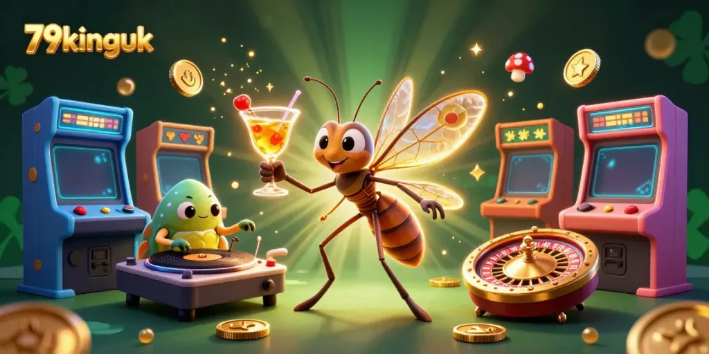 Experience the excitement of 79kinguk with a casino mascot, DJ, and roulette wheel in a vibrant scene.