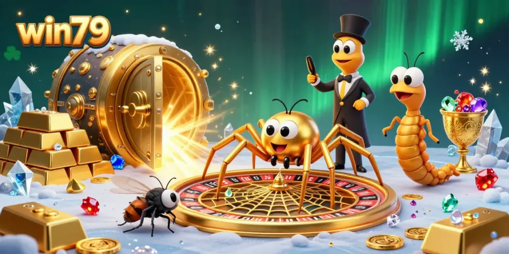 Experience the excitement of win79 with a vibrant 3D casino scene depicting a golden roulette wheel web.